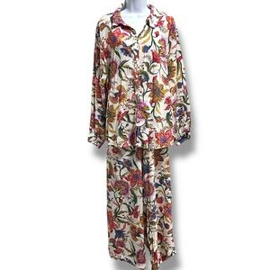 JM Collection Floral Matching Set Size 3X Button Front Top Wide Leg Pants